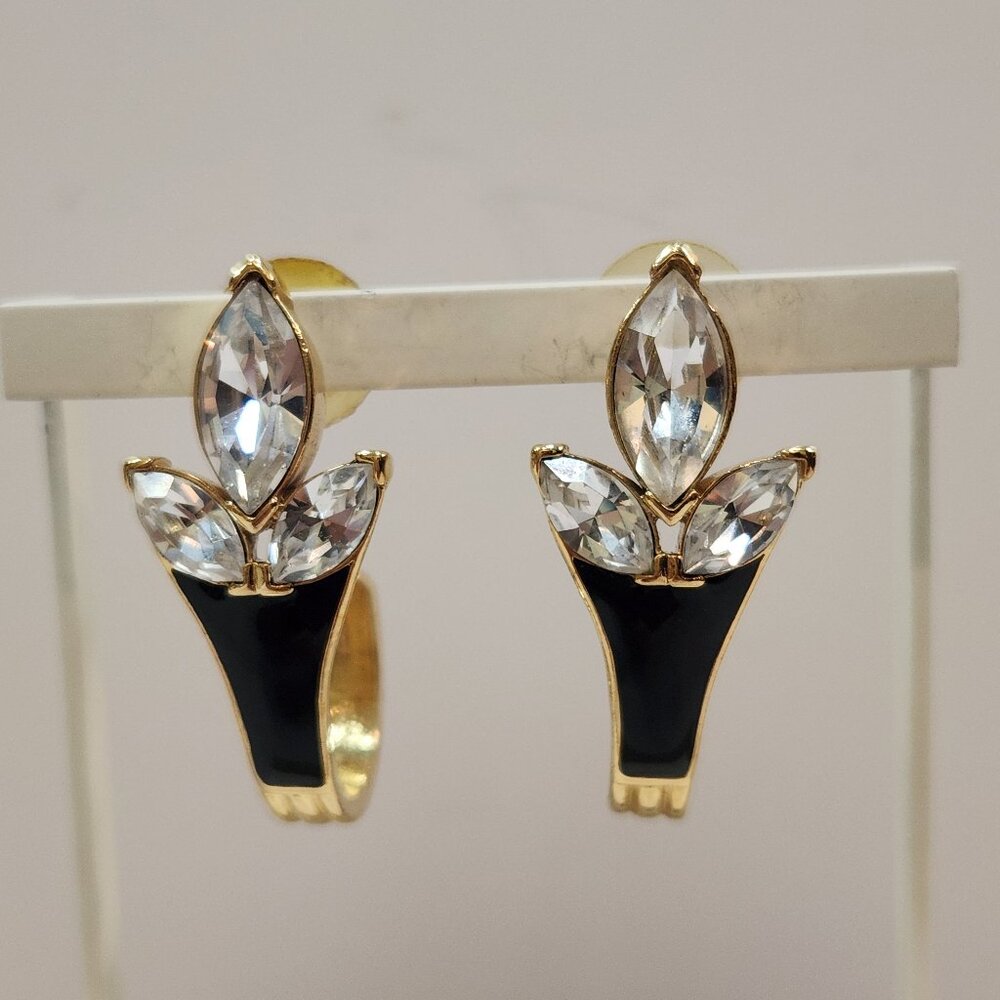 Vintage 90s Trifari Goldtone Black Enamel And Marquise Rhinestone Hoop Earrings